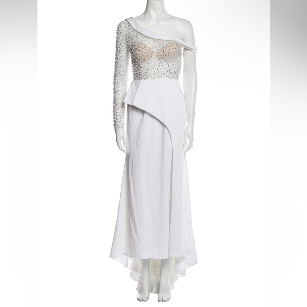 Mac Duggal White Asymmetrical Peplum Gown